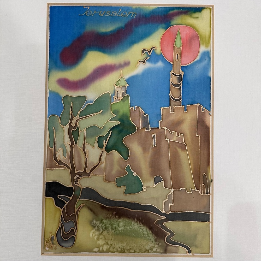 Vintage Jerusalem Silk Painting Batik Israeli Folk Art